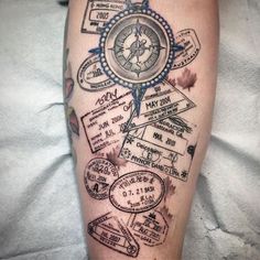 a person with a tattoo on their leg that has many different things in it and is showing