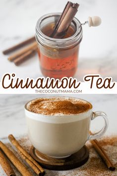 cinnamon tea in a mug with cinnamon sticks