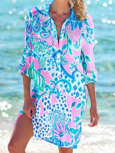 Women's Tropical Floral Print Beach Shirt Dress – Wonder closets V-neck Shirt Dress For Beach Season, Long Sleeve Shift Shirt Dress For Vacation, Shift Fit Long Sleeve Shirt Dress For Vacation, Vacation V-neck Printed Shirt Dress, Summer Long Sleeve Shift Shirt Dress, Printed V-neck Shirt Dress For Vacation, Printed Mini Dress For Summer Beach, Summer Long Sleeve Mini Dress For Day Out, V-neck Shirt Dress For Summer Beach