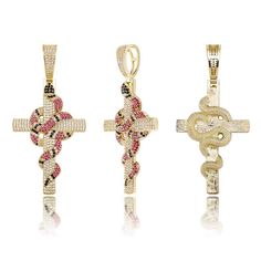 This Gucci Coral Snake around his cross is a beautiful Iced Out Pendant. With a 18K Gold Plating on the twisted Gucci Snake and Cross Pendant to make you outfit the most luxurious possible. 18K Gold Plated: 5x PVD Plating & VVS CZ Stones PREMIUM Quality: Hand Set Diamonds No form of discomfort on your skin Free 24 inch Rope Chain included Size: Lenght: 73mm / 2.87 inch | Width: 36mm / 1.42 inch | Weight: 20g FREE STANDARD SHIPPING Streetwear Jewelry, Gold Rope Chains, Gold Cross Pendant, Gold Snake, Hip Hop Jewelry, Men's Necklace, Cross Designs, Cross Pendant Necklace, Gold Plated Chains