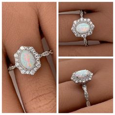 three different views of an opal and diamond ring with diamonds on the side, in white gold