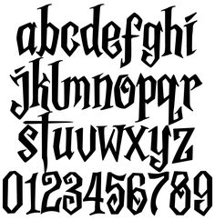 an old fashioned gothic alphabet with black letters and numbers on the upper half of it