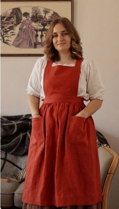 Long orange linen cross back apron with pockets cottagecore hobbit gardening | eBay Plus Size Hobbit Fashion, Cottagecore Orange, Plus Size Cottagecore Fashion, Cottagecore Apron, Plus Size Cottagecore, Apron Skirt, Cross Back Apron, Pinafore Apron, Apron With Pockets