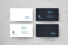 three business cards on top of each other, with the same logo in blue and white