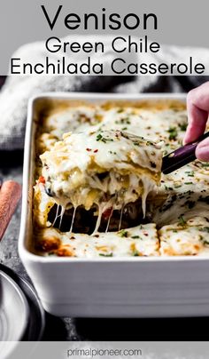 a person scooping food out of a casserole dish with text overlay