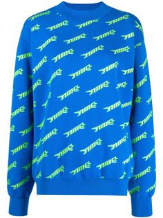 blue wool blend intarsia-knit logo crew neck long sleeves