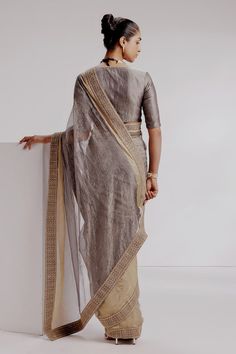 Grey saree featuring zari sequin embroidered floral border on a textured base. Comes with matching blouse and petticoat. - Aza Fashions Transitional Season Reception Pre-draped Saree With Dupatta, Festive Pre-draped Tissue Silk Saree, Festive Pre-draped Tissue Silk Saree With Zari Work, Festive Silk Pre-draped Saree For Reception, Party Pre-draped Saree With Zari Work In Slub Silk, Bollywood Style Pre-draped Tissue Silk Saree For Reception, Festive Zari Work Pre-draped Saree For Reception, Silk Pre-draped Saree With Zari Work For Reception, Bollywood Style Pre-draped Raw Silk Saree With Sheer Dupatta