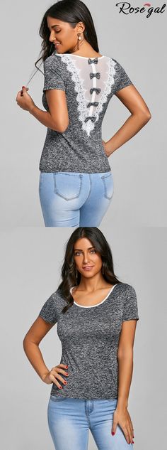 Up to 40% off. Free shipping worldwide.Mesh Insert Bowknot Embellished Ringer T-shirt.You're looking for something fun and flirty to liven up your favorite pants. And this ringer top will put a cute vibe on any outfit. With mesh, lace trim detail on the back and bowknot embellished for a feminine touch, it offers a flattering fit and timeless style.#tshirt#lacetop#summer#girls#rosegal Sewing Tops, Summer Tshirt, Trendy Sewing, Badass Style, Trendy Dress Outfits, Summer Dress Outfits, Refashion Clothes, Trendy Tshirts