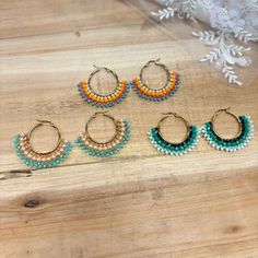 Beaded Stitch Hoop Earrings (Gold Hardware) Blush/Orange/Fuchsia/Turquoise Turquoise & Blush Teal/Turquoise/Mint/White Orange Hoop Earrings With Colorful Beads, Green Small Hoop Beaded Earrings With Tiny Beads, Orange Bohemian Small Hoop Earrings, Multicolor Hoop Earrings With Tiny Beads, Beaded Stitch, Bead Creations, V Design, Boho Hoop Earrings, Hoop Earrings Gold