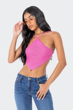 PRODUCT INFO Halter Top Soft knitted fabric Adjustable halter neckline Knitted straps Open-back design Rayon Model wears size XS/S Model height is 5'7 Item care: Hand wash Pink Knit Top, Backless Top, Pink Knit, Halter Crop Top, Pink Top, Halter Neckline, Pink Shirt, S Models, Halter Top