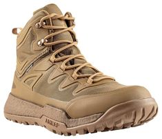 a pair of tan hiking boots on a white background