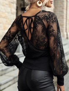 Lantern Sleeve Top, Lace Tie, Legging Outfits, Backless Top, Lantern Sleeve, Outfit Casual, Lantern Sleeves, Mode Outfits