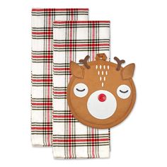 two christmas napkins with reindeer faces and plaid fabric on the front, one has a red nose