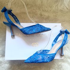 A Gorgeous Pair Of Caroline Constas Lace Pumps Authentic Limited Collection, Sold Out Everywhere New, With A Box Size: Eu 37 Beautiful Lace Upper In Gorgeous Blue Slingback Strap Eye-Catching Bow Detailing At Back Pointed Toe Padded Leather Insole Designer Logo On Soles 3 1/4” Satin Covered Heel Beautiful And Versatile, Can Be Worn With Dresses, Skirts And Pants! Blue Kitten Heels With Heel Strap For Evening, Blue Low Heel Court Shoes For Party, Chic Blue Kitten Heels For Formal Occasions, Blue Fitted Heels For Gala, Elegant Blue Wedding Shoes With Heel Strap, Blue Padded Heel Court Shoes For Party, Blue Pointed Toe Court Shoes For Evening, Blue Court Shoes With Padded Heel For Party, Blue Party Court Shoes With Padded Heel