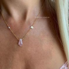 Delicate Pink Gemstone Crystal Necklace, Pink Spiritual Crystal Necklaces, Spiritual Necklace With Heart Charm, Healing Rose Quartz Gemstone Necklace, Delicate Pink Rose Quartz Necklace, Rose Quartz Gemstone Necklaces For Meditation, Rose Quartz Gemstone Necklace For Meditation, Spiritual Rose Quartz Gemstone Necklaces, Rose Quartz Healing Necklace