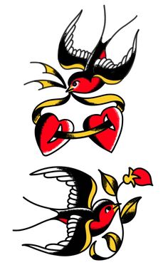 two birds with hearts and arrows on their wings are shown in black, yellow and red