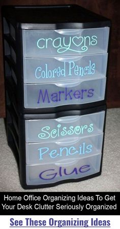 three plastic drawers with labels on them and the words organized pencils marked in blue ink