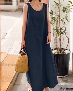 Bormay - Effortlessly Chic Sleeveless Cotton Linen Long-Line Dress with Functional Pockets and Contemporary Loose Fit Cotton Blends Dress, Mid Length Skirts, Basic Outfits, Types Of Skirts, Types Of Collars, Skirt Length, Cotton Linen, Round Neckline, Spaghetti Strap