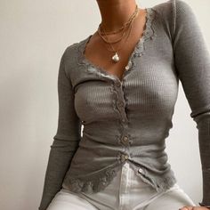 Gray V-neck Blouse For Fall, Fall V-neck Pointelle Knit Top, Fall Pointelle Knit V-neck Top, Casual Gray Winter Blouse, Gray Casual Blouse For Winter, Casual Gray Blouse For Winter, Gray V-neck Top For Winter, Gray Long Sleeve Knitted Tops, Fitted Knit Long Sleeve Blouse