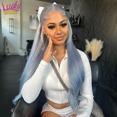 Grey Blue Ombre Colored Lace Front Wig Human Hair 13x4 Transparent Straight Lace Front Wigs 180% Wigs Styles, Blue Lace Front Wig, Grey Hair Wig, Black Hair Inspiration, Hair Content, Blue Ombre Hair, Frontal Wig Hairstyles, Birthday Hairstyles, Bad Bad