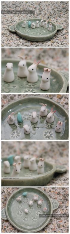 four different shots of small white birds in water on a green tray with rocks and pebbles