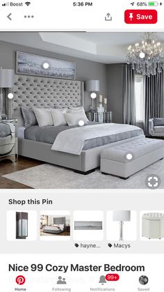 an image of a bedroom with gray furniture and accessories on the storefront page, as well as other items for sale