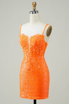 ZAPAKA Women Glitter Orange Tight Sequin Homecoming Dress with Beaded Lace Up Back Spaghetti Straps Cocktail Dress Tight Homecoming Dress, Sequin Homecoming Dress, Corset Lace, Evening Dresses Cocktail, Maxi Dress Prom, Short Homecoming Dress, Vestidos Prom, Hoco Dresses, Formal Party