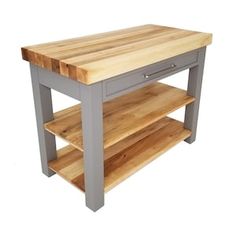 a kitchen island made out of wood and grey painted legs with shelves on each side