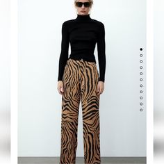 Zara High Waisted Zebra Print Pants Chic Stretch Brown Wide Leg Pants, Chic Brown Stretch Wide Leg Pants, Zara High-waisted Brown Pants, Zara Stretch Brown Pants, Zara High Waist Brown Pants, Zara Brown High-waisted Pants, Fitted Brown Zara Pants, Zebra Print Pants, Print Pants