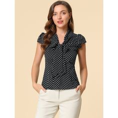 An easy choice for work or daily wear. Feminine polka-dot prints dance on this flutter-sleeve blouse which is finished with a tie neck. Flare sleeves bring a feminine flutter to this blouse with a charming pussycat bow at the front for an office lady look. This tie-neck blouse is the Monday meeting top that you never knew you needed. Elegant Polka Dot Tops For Work, Fitted Polka Dot Blouse For Work, Polka Dot Short Sleeve Blouse For Work, Polka Dot Ruffle Blouse For Work, Polka Dot Ruffled Blouse For Work, Elegant Fitted Polka Dot Top, Chic Polka Dot Tops For Work, Chic Polka Dot Tops For Office, Cap Sleeve Blouse