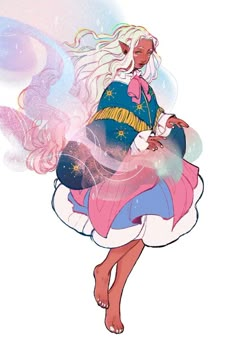 a drawing of a girl in a dress with stars on her chest and hair flying through the air