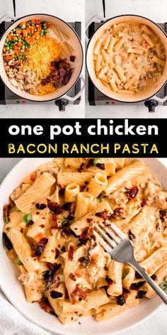 one pot chicken bacon ranch pasta in a white bowl with a fork on the side