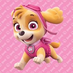 a cartoon dog wearing a pink shirt with paw patrol on it's chest and ears