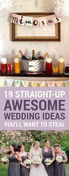 the bride and her bridesmaids are standing in front of their wedding party sign