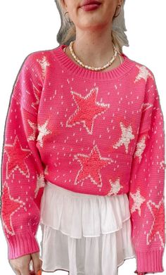 Oversized Star Print Sweater, Pink Star Sweater, Hot Pink Sweater, Pink Star, Star Sweater, White Stars, Star Top, Pink Stars, Pop Star