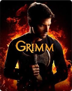 a man holding a hammer in front of a fire background with the words grimm on it