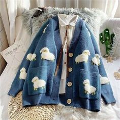 Top Rated Ladies Girl Cute Sweater Coat Cardigan Knitted Tops Kawaii Preppy Cartoon Casual, Women's Clothing Cardigan Korean Style, Knit Sweater Coat, Loose Cardigan, Knitting Women Cardigan, Cardigan Casual, Oversized Cardigan, Geek Chic, Loose Sweater, Knitted Cardigan