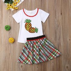 Toddler Girls Pineapple Print Top Plaid Skirt - PrettyKid Cute Plaid Cotton Sets, Casual Cotton Patterned Skirt, Playful White Cotton Skirt, Cute Multicolor Cotton Skirt, Pattern Fruit, Clean Heart, Pineapple Print, Princess Wedding Dresses, Floral Print Skirt