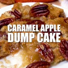 caramel apple dump cake on a white plate with the title overlaying it