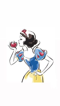 snow holding an apple in her hand and wearing a blue dress with red bows on it