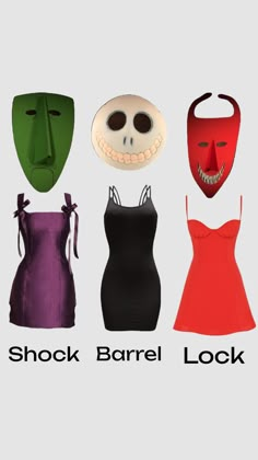 three different dresses and masks with the words shock barrel look