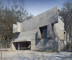 an architectural rendering of a concrete building surrounded by trees