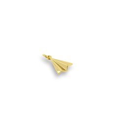 a gold pendant with a small plane on it's side, against a white background