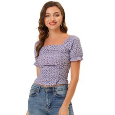 The short-sleeved tops will showcase your casual style with an all-over cute floral print. Floral print designs show off your elegance and glamour and add some highlights to your look. Style it with your favorite jeans and high heels for a casual and charming look. This is a summer cropped top feature with a ruched front, short sleeves, and a floral pattern to add some highlights to your look. Casual Floral Print Short Sleeve Top For Summer, Feminine Floral Print Short Sleeve Top, Feminine Short Sleeve Floral Print Top, Feminine Printed Short Sleeve Tops, Trendy Short Sleeve Printed Blouse, Feminine Short Sleeve Tops With Ditsy Floral Print, Trendy Summer Top With Ditsy Floral Print, Casual Ditsy Floral Print Short Sleeve Blouse, Short Sleeve Blouse With Ditsy Floral Print For Spring