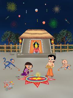 an animated cartoon scene with people dancing and fireworks in the sky over a small hut