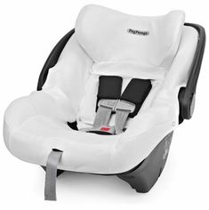 the baby seat is white and has black trim on it's back end,