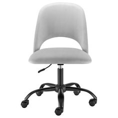 a white office chair with wheels and casteors on an isolated white background, viewed from the front