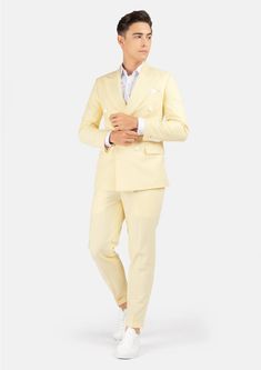 Look like royalty in the Waverly Cream Stretch Suit. Crafted with a vibrant, cream yellow stretch cotton, it's the perfect combination of style and comfort. Get ready to look your best while making a statement! Custom made for you. Make your move! Spring White Fitted Double Breasted Suit, Fitted Cream Blazer For Summer, Classic Yellow Notch Lapel Suits, Fitted Yellow Suits For Workwear, Fitted Cream Cotton Blazer, Spring Formal Yellow Set, Yellow Suits For Spring Workwear, Spring Yellow Suits For Workwear, Classic Fitted Yellow Sets