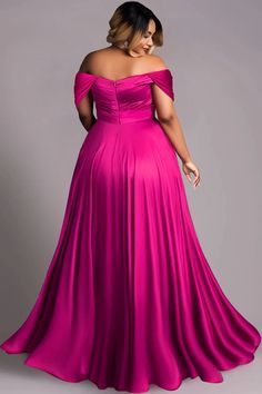 Xpluswear Design Plus Size Formal Magenta Off The Shoulder Cap Sleeve Split Crinkle Chest Satin Maxi Dresses [Pre-Order] Plus Size Wedding Guest Outfits, Bridal Satin Dress, Fancy Short Dresses, Long African Dresses, Lace Gown Styles, Plus Size Gowns, Plus Size Formal, Plus Size Party Dresses, Cocktail Gowns