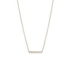 14k gold short bar necklace with white pave diamonds SPECIFICS• 14k 16" tiny cable chain• bar is ½" wide• white pave diamonds .06 ctw• also available with no diamonds Diamond Bar Necklace, Gold Shorts, Cable Chain Necklace, Diamond Bar, Bar Pendant, Ring Size Guide, White Diamonds, Bar Necklace, Bracelet Sizes